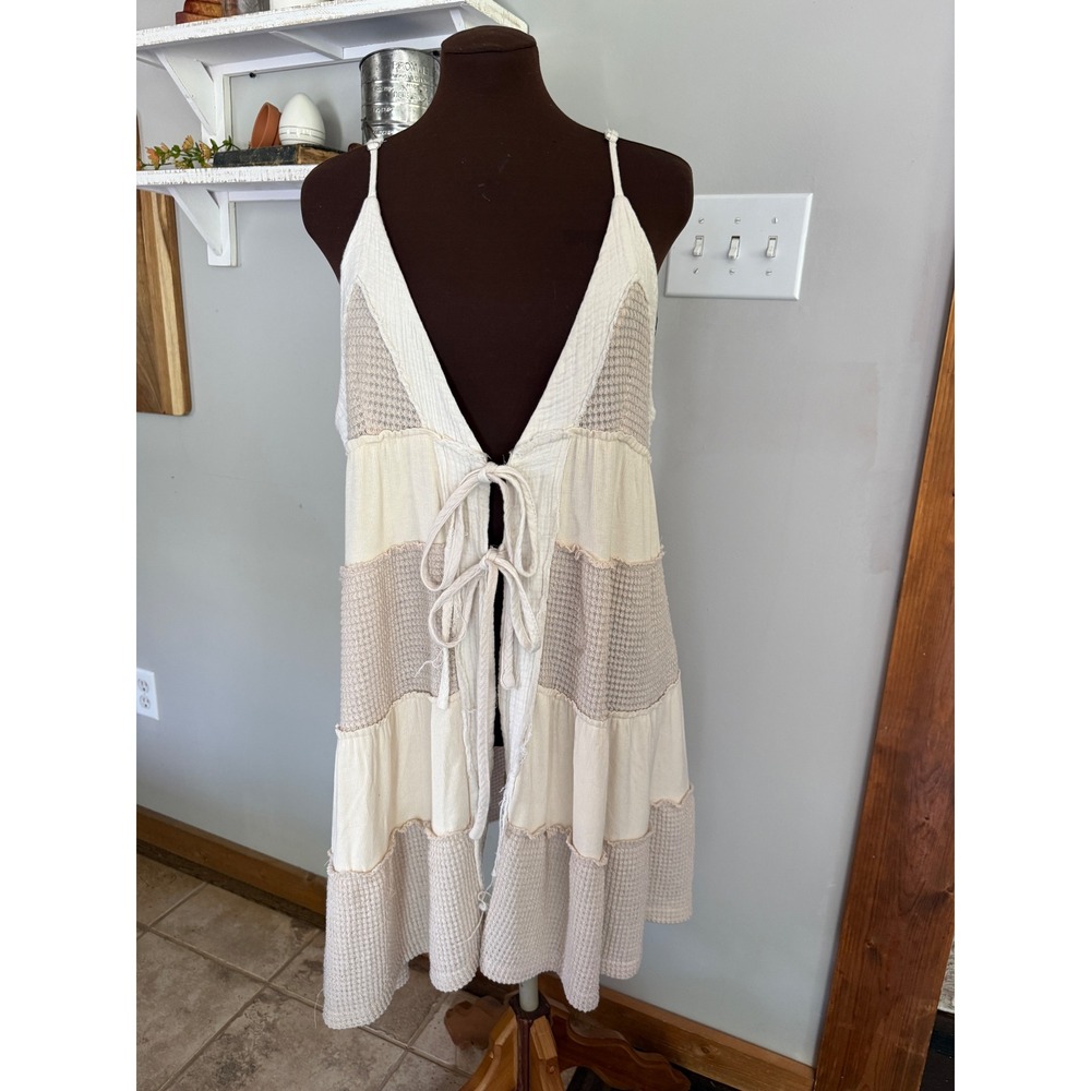 POL Boho Tiered Mixed Media cover up vest Tan Waffle Knit double Tie Front Large